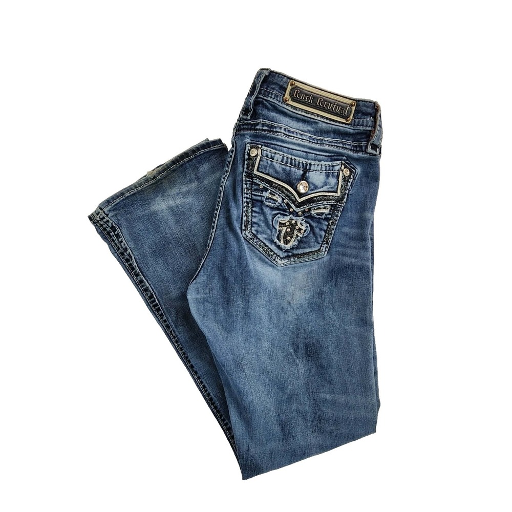 Rock Revival Meri Easy Boot Blue Embellished Fleur De Lis Jeans E6006ER Size 32